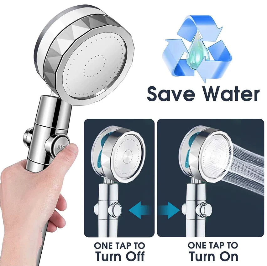 High Pressure Shower Head Adjustable 360° Rotation Turbine Water Saving 
