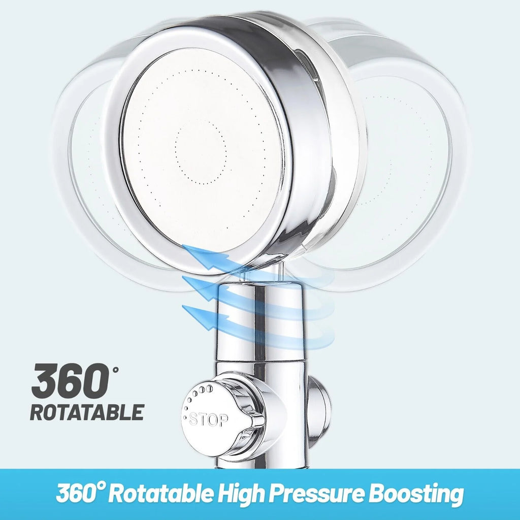High Pressure Shower Head Adjustable 360° Rotation Turbine Water Saving 