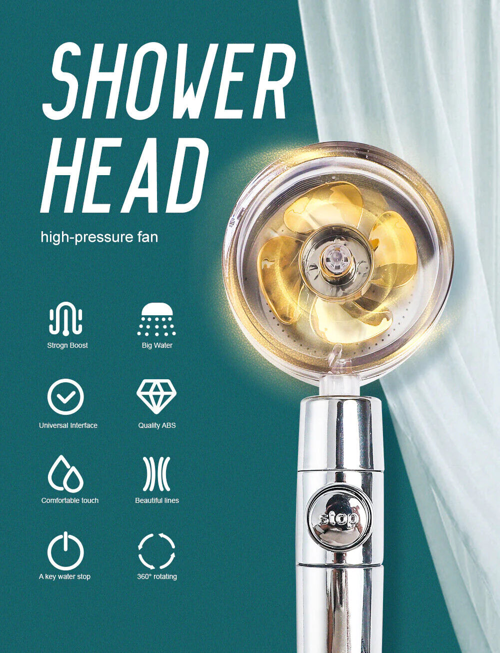 High Pressure Shower Head Adjustable 360° Rotation Turbine Water Saving 